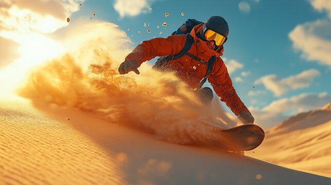 Daring Sandboarder Carving Down Massive Sunlit Dune in Expansive Desert Landscape