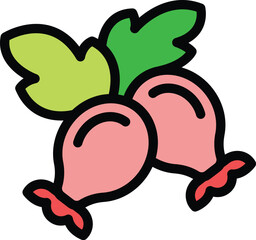 Simple vector illustration of two pink radishes growing together with green leaves