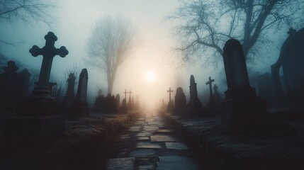 Eerie mist envelops a cemetery at dusk, highlighting gravestones and silhouettes of trees, creating an atmosphere of solitude and reflection.