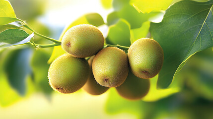 A kiwi tree branch holding fuzzy, ripe kiwis nestled among green leaves