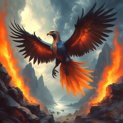 Obraz premium Illustration of bird fenix rising from ash.