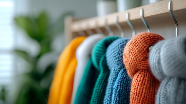 A colorful collection of warm textured wool scarves neatly hung on hooks in a cozy inviting hallway setting creating a stylish and organized display