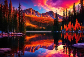 vibrant colorful sunset over serene mountain landscape rich cloud patterns clear blue sky reflections, colors, clouds, nature, horizon, scenery, evening