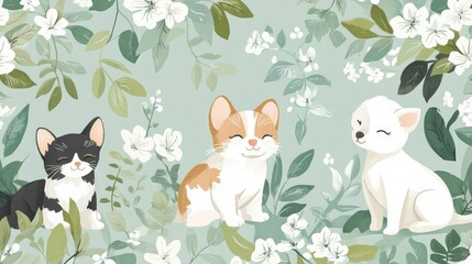 Kids' room wallpaper featuring cartoon cats and dogs in soft pastel shades, surrounded by gentle greenery and flowers.