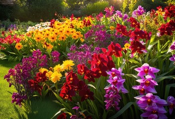 Fototapeta premium vibrant blooms arranged colorful garden flowers creating stunning display beautiful palette, arrangements, blossoms, bedding, beauty, container, decor