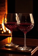 aesthetic reflections elegant wine glasses illuminated soft dim light creating captivating visual display, beverage, refraction, illumination, ambiance