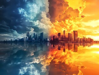 Obraz premium Dramatic Futuristic Cityscape Reflecting Apocalyptic Sunset Clouds and Atmosphere