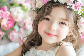 Naklejka premium A joyful girl adorned with a floral crown surrounded by blooming flowers in springtime light