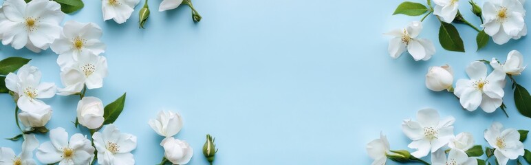 Fototapeta premium A blue background with white flowers in the foreground. The flowers are arranged in a circle and are of various sizes. Empty space for text, logo or image