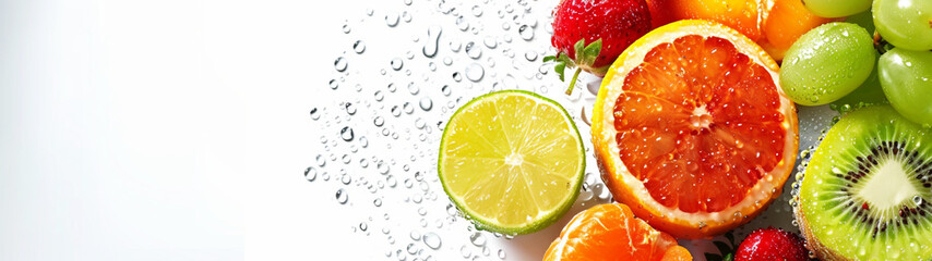 Fresh assorted fruits with water droplets on a white background. Banner or header