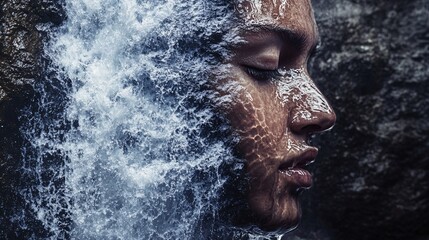 A serene artistic representation of a face partially submerged in water, blending human emotion with nature's tranquility and beauty.