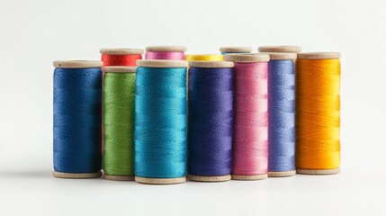 Spools of vibrant sewing threads stand isolated against a pristine white background. These threads, the lifeblood of clothing factories, are meticulously wound onto spools, ready to bring color