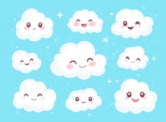A set of cartoon clouds with smiling faces. The clouds are arranged in a row and are all different sizes. Scene is cheerful and lighthearted