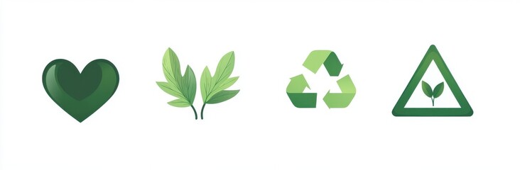 The four icons are all green and represent different aspects of environmentalism. The heart symbolizes love and care for the planet, while the leafy green icons represent nature