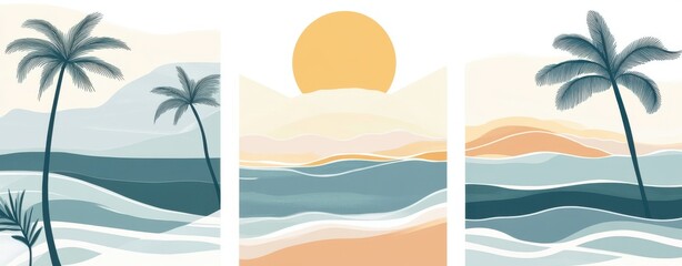 Obraz premium Three images of a beach with palm trees and a sun. The sun is in the middle of the top image