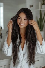 Fototapeta premium Young woman enjoying a refreshing shower in a modern bathroom during the day in a serene atmosphere