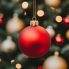 Fototapeta premium A red Christmas ornament hanging against a blurred festive background.