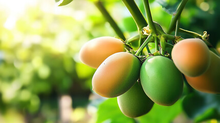  A branch of a papaya tree holding large, green papayas ready to ripen
