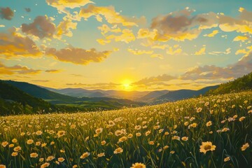 Fototapeta premium Golden sunset over a blooming field of daisies in the tranquil countryside