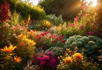 Fototapeta premium vibrant plant textures lush garden harmonious colors enticing illustrations, plants, leaves, flowers, greenery, soil, shadows, light, sunlight, foliage