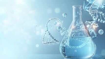 Sleek 3D lab flask model with molecules and DNA strands, minimalist geometric design and smooth textures. 
