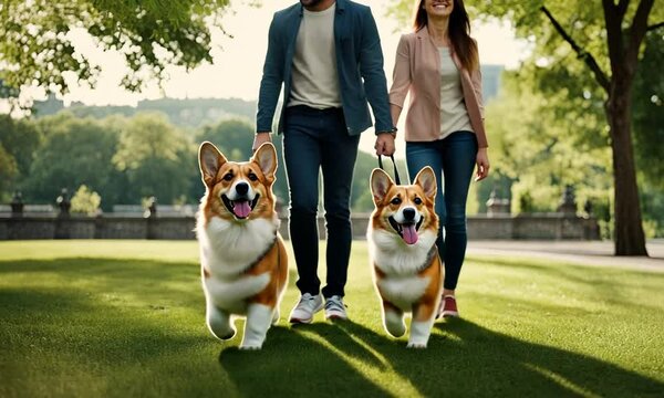 A couple walking two happy corgis in a sunny park setting.