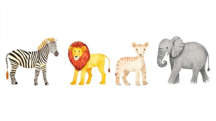 Fototapeta premium Safari-themed animal prints featuring zebras, lions, and elephants on a white background, perfect for a kids' room wall.