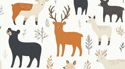 Fototapeta premium Simple and charming animal illustrations of bears and deer on a white background, perfect for a child's bedroom wall design.