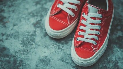A pair of vibrant red sneakers resting on a textured gray surface, showcasing casual style and comfort for an active lifestyle.