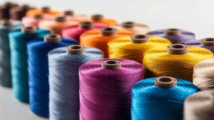 Spools of vibrant sewing threads stand isolated against a pristine white background. These threads, the lifeblood of clothing factories, are meticulously wound onto spools, ready to bring color