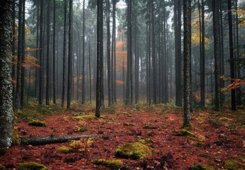 Fototapeta premium A forest with trees and a fallen log. The leaves are orange and the sky is cloudy