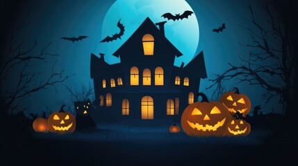 Fototapeta premium Spooky Halloween scene featuring a haunted house, glowing pumpkins, bats, and a mysterious black cat under the moonlight.