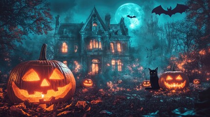 Spooky Halloween scene featuring a haunted house, glowing pumpkins, bats, and a mysterious black cat under the moonlight.