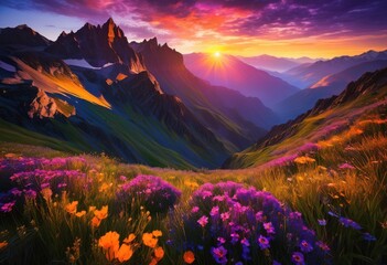 majestic mountain sunrise illuminating dramatic shadows vibrant colors scenic landscape, light, nature, peak, silhouette, sunlight, horizon, sky, cloud