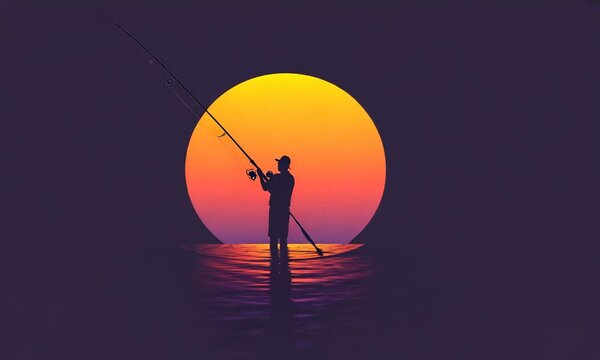 Silhouette of a fisherman with a fishing rod standing in front of a setting sun.