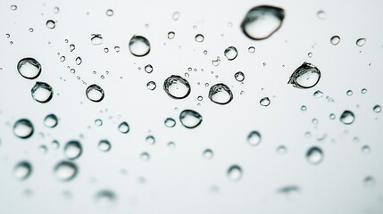 Transparent droplets suspended in mid-air against a white backdrop, emphasizing the purity and simplicity of raindrops in an abstract style.