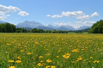 Vibrant wildflower meadow under a clear blue sky with majestic mountains in the background