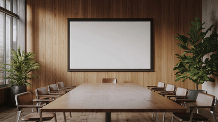 Office meeting room presentation style Modern sized Small Room screen Frame Mockup chair wood wall background Warm mood