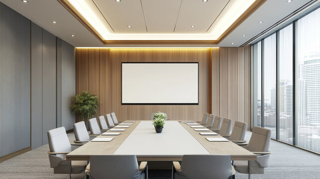 Seminar room Business event meeting room style Modern size small room black chair big screen wood wall background Frame Mockup