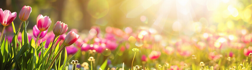 Obraz premium Pink tulips blooming in sunlight with warm morning glow. Banner or header