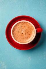 A beautifully crafted cup of latte art sitting on a vibrant red saucer against a blue background