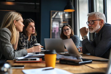 Fototapeta premium A group of people are sitting around a table with laptops and cups of coffee