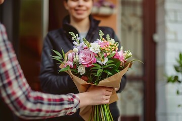 Person receiving colorful bouquet from delivery man outdoors