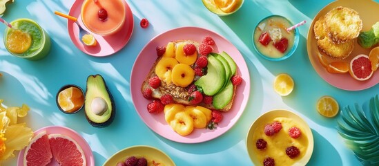 Top view of a summer breakfast with avocado toast, fruit, and smoothies.
