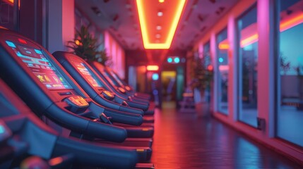 Health and Fitness App, vibrant colors, digital screens, gym setting, modern