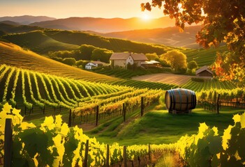 Naklejka premium captivating vineyard landscape featuring sunlit wine barrels among lush foliage rolling hills naturally frame scenery, abundance, agricultural