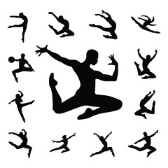Silhouette of a black dancer leaping in mid-air vector set icon with  white background