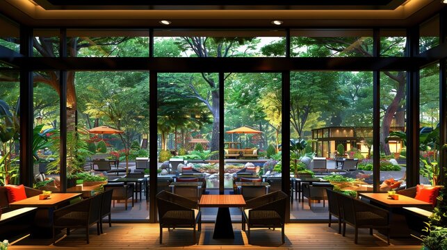 A serene outdoor cafe view through expansive glass windows invites customers to enjoy the lush garden setting with elegant furniture and vibrant greenery