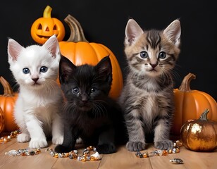 playful kittens pose with Halloween pumpkins in a festive autumn setting