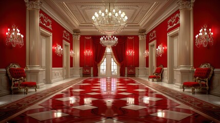 A grand and opulent ballroom showcasing luxurious red and gold decor, elegant chandeliers, and classic architectural elements evoking a regal ambiance